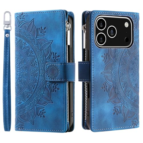 Étui portefeuille iPhone 17 Pro bleu antichoc équipé d'une poche zippée et support
