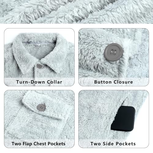 Image of GINGTTO Mens Furry Button-Up Jacket 4 Pockets Fluffy Coat For Men