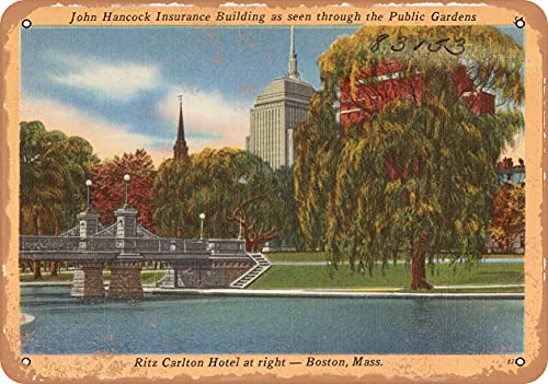 7 x 10 METAL SIGN - Massachusetts Postcard - John Hancock Insurance Building as seen through the Public Gardens, Ri - Vintage Rusty Look