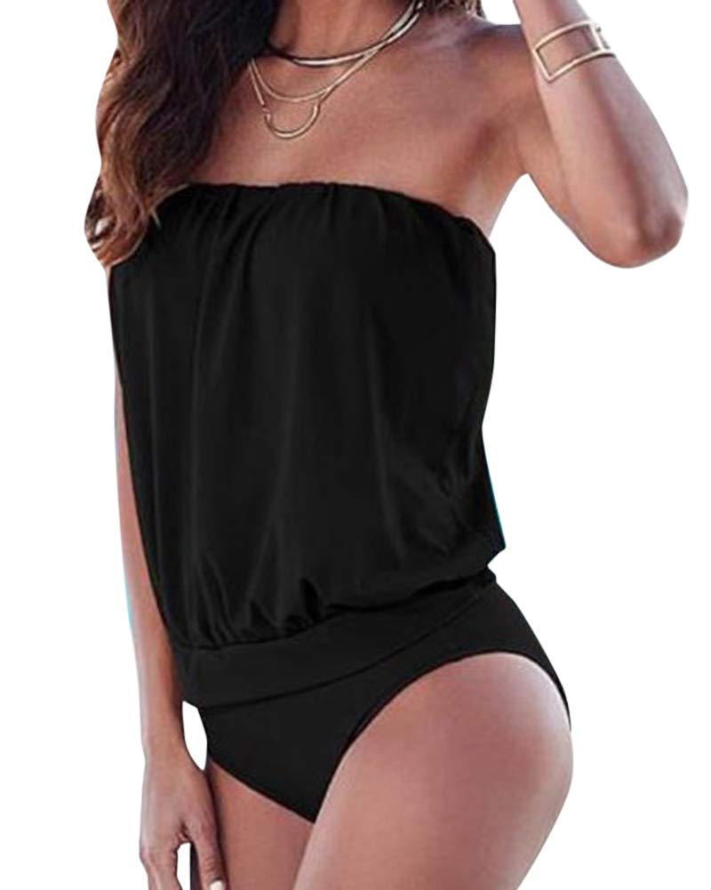 Women One Piece Swimsuit Bandeau Bikini Swimwear Strapless Swimming Costume Black XL
