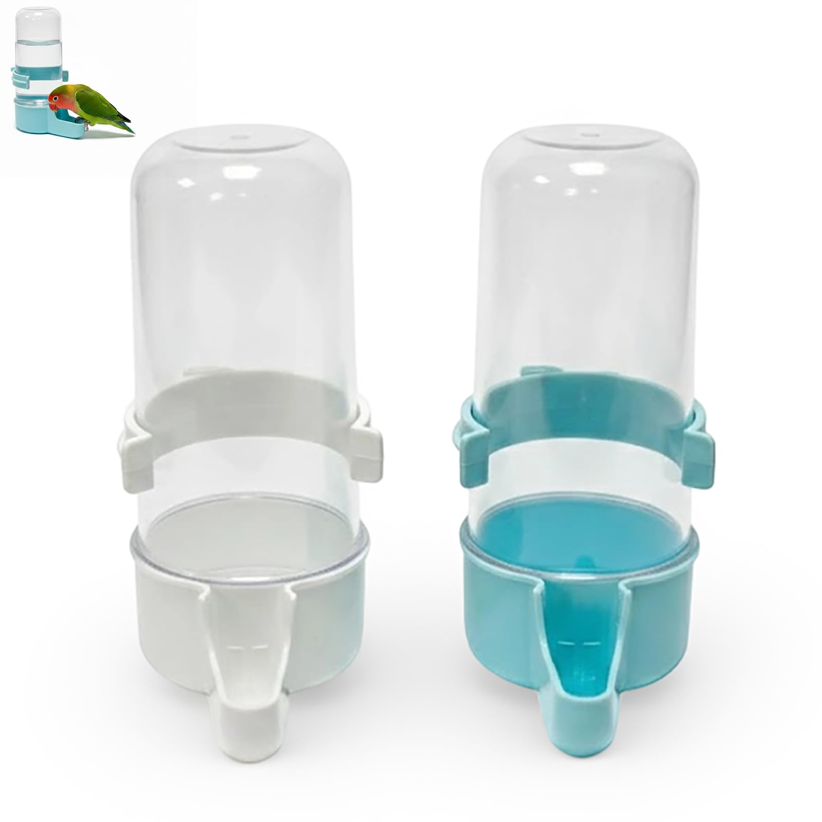 DAQUN 2 Pcs Bird Water Dispenser, Automatic Bird Water Feeder, 240ml White & Blue Waterer, Clip On Feeder, for Parrot Cockatiel Budgie