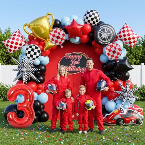 Image of TONIFUL Race Car Party Balloons Set - 40 Inch Red Number 3 Foil Balloon with Checkered Round, Explosion Star & Star Balloons for Boys 3rd Birthday Car Themed Decorations, Photo Backdrop Supplies