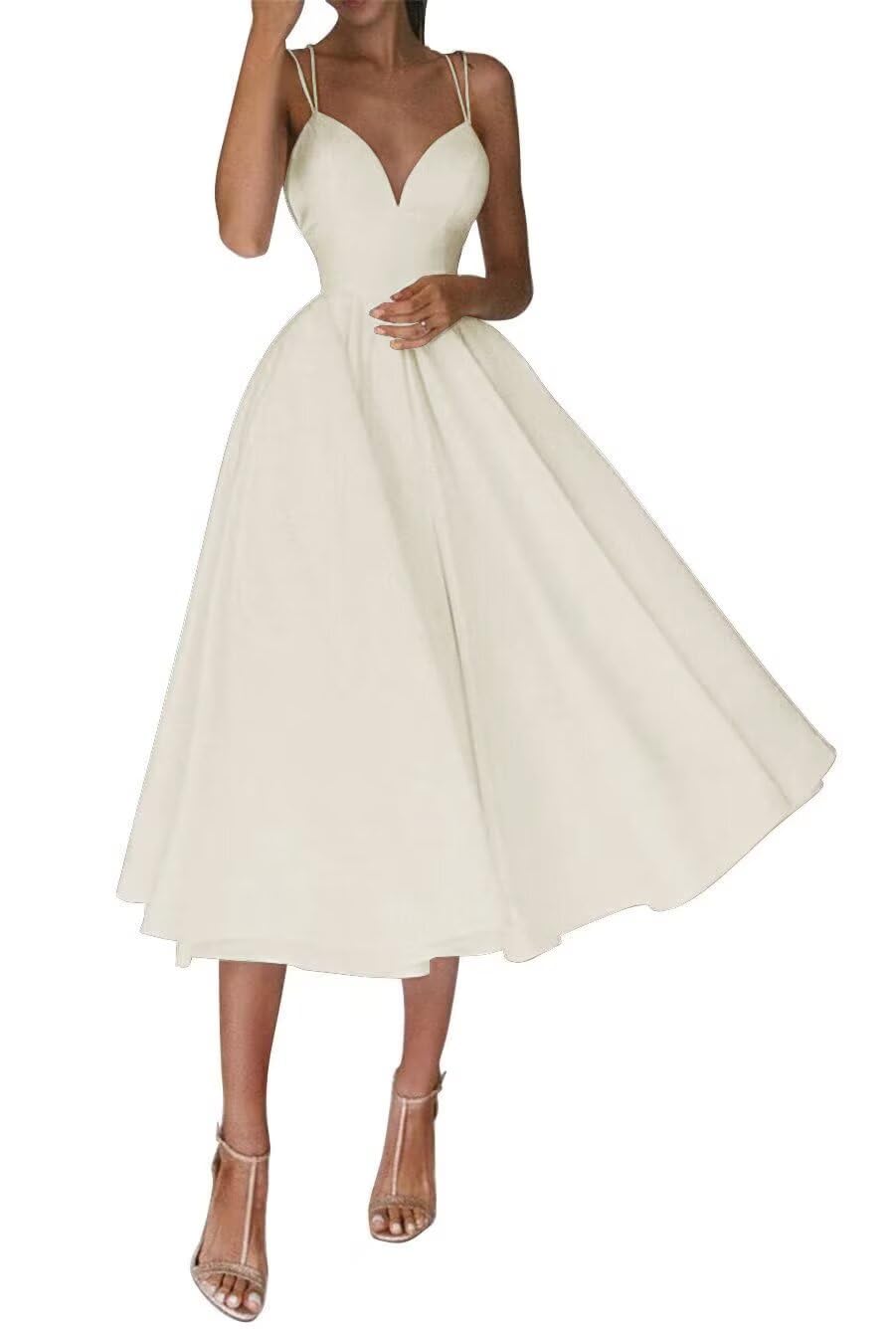 RunaCelle Straps Tea-Length Ball Gown Backless V-Neck Wedding Evening Party Bridesmaid Dresses Bodice Casual Dress for Women