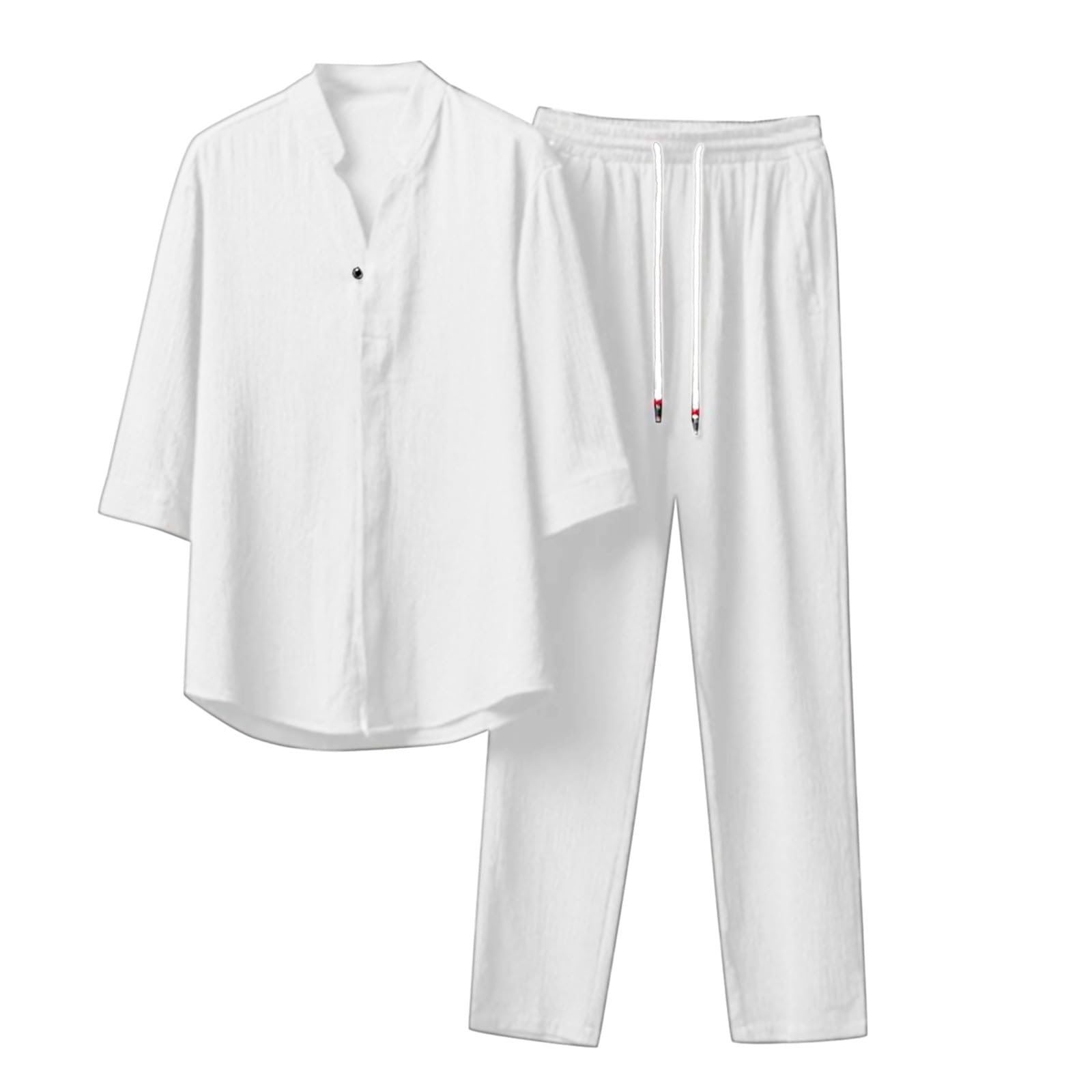 Completo Estivo da Uomo 2 Pezzi Casual per Spiaggia Tuta Completa in Cotone e Lino Maglietta + Pantaloni con Coulisse Set Uomini