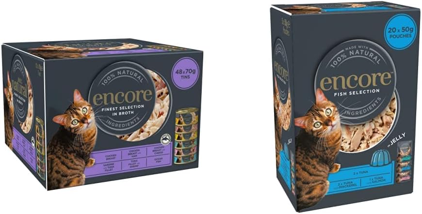 Encore 100% Natural Wet Cat Food, Multipack Chicken and Fish Selection in Broth 70 g Tins & 100% Natural Wet Cat Food, Multipack Fish Tuna Selection in Jelly 50g Pouch (4x 5x50 g) Pack of 20 Pouches