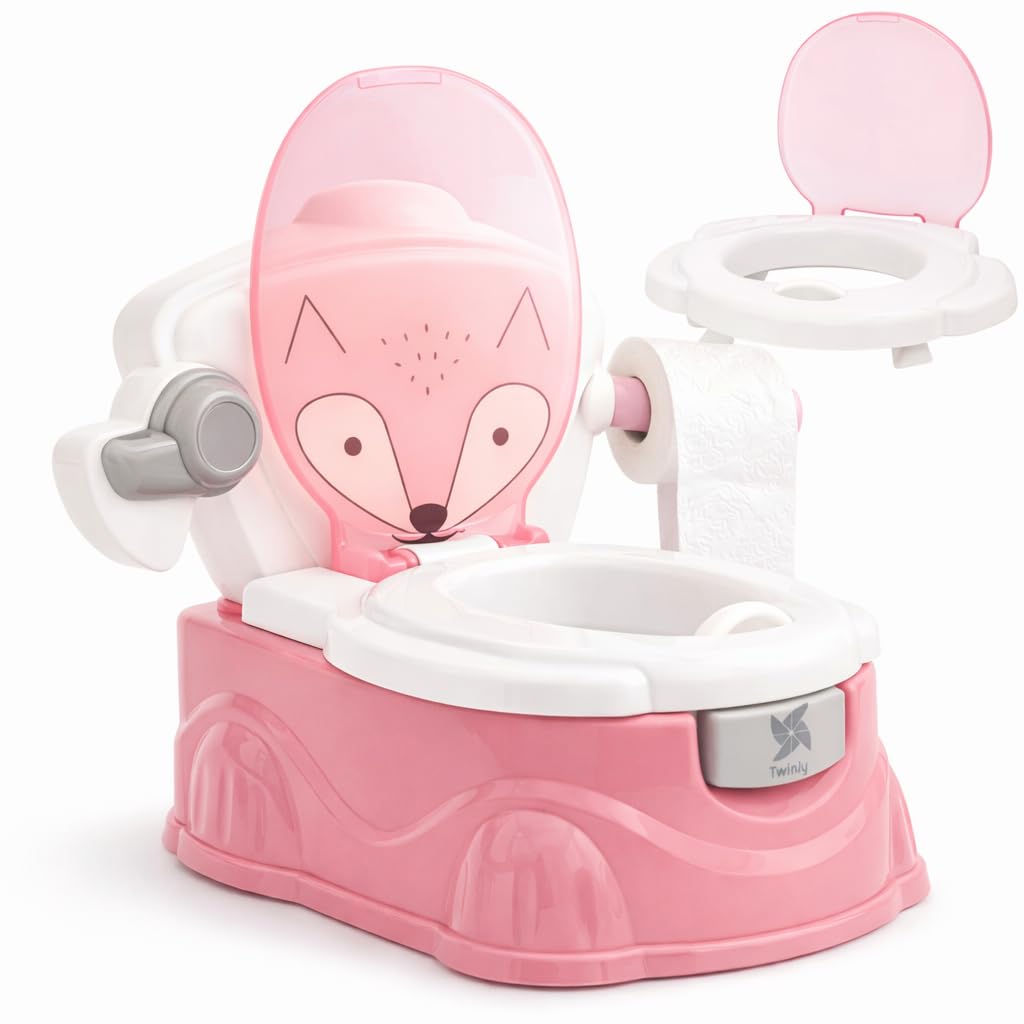 Twinly Foxy - Orinal Bebé 3 en 1 - Orinales Infantiles con Tapa - Inodoro WC Niños con Reductor de Váter Extraíble, Portarrollos y Vaso Interior extraíble de Fácil Limpieza (Rosa)