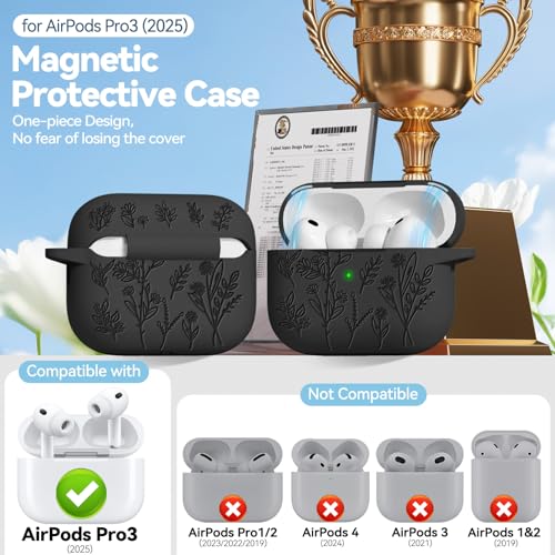 Image of for Airpods Pro 3 Case with Magnetic Lid, Flower Engraved Cases for Apple AirPods Pro 3rd Generation 2025, Soft Silicone Cover for Women Girly with Cleaner & Keychain, Shockproof