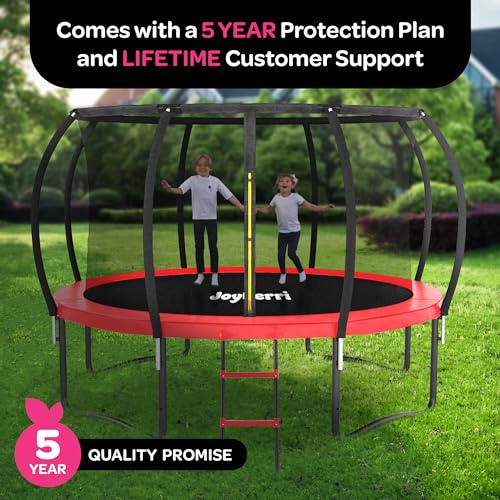 Image of JoyBerri Upsurge Trampoline Outdoor - ASTM Certified Safe 8Ft 10Ft 12Ft 14Ft 15Ft 16Ft Recreational Trampoline for Kids and Adults. Anti-Rust Coating with Enclosure Net, Ladder, Sprinkler & LED Lights