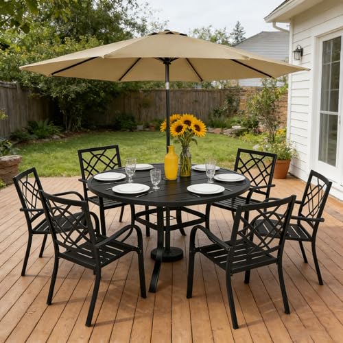 Image of SUNCROWN 8-Piece Outdoor Wrought Iron Chairs and Table Patio Dining Furniture Set-6 Stackable Metal Chairs, 1 53 inch Round Bistro Table and 1 Brown 9Ft Patio Umbrella for Garden Backyard Deck