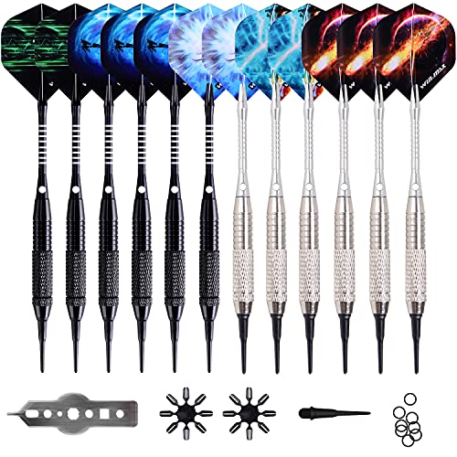 WIN.MAX Darts Plastic Tip - Soft Tip Darts Set - 12 Pcs 18 Gram with 100 Extra Dart Tips 12 Flights Flight Protectors and Wrench for Electronic Dart Board silver and black