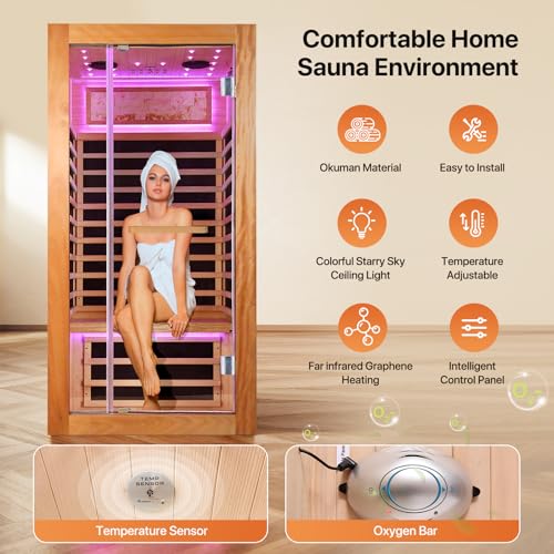 Image of OUTEXER Sauna One Person Far Infrared Saunas Room African Mahogany Wood 1350W Dry Saunas Spa with 7 Starry Sky Light Wood Wax Oil on Outer Surface 35.4 * 35.4 * 70.9inch