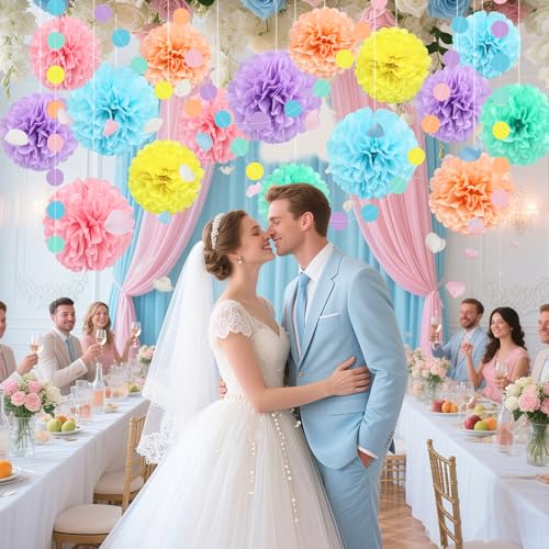 Image of KAXIXI Macaron Colored Tissue Paper Pom Poms, Pastel Paper Pom Poms Circle Garland for Easter Party, Ice Cream Party Decorations, Wedding, Birthday, Bridal Shower, Bachelorette, Baby Shower, 16PCS