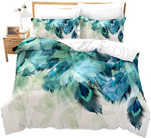 Loussiesd Peacock Decor Duvet Cover Kids King Cute Animal Theme Bedding Set Print for Adult Teen Boys and Girls Decorative Bedding Animal Soft Comforter/Quilt Cover Peacock Feathers Bed Cover