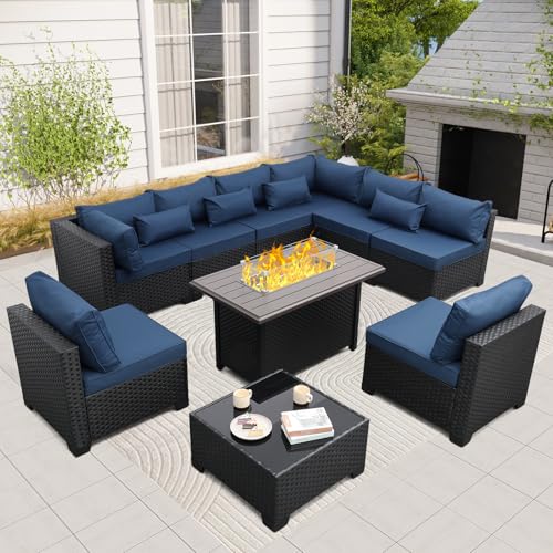Image of Rattaner 10 Pieces Outdoor Sectional All-Weather Wicker Patio Furniture Set Patio Sectional and Steel Fire Table and Glass Patio Table Non-Slip Cushions and Waterproof Covers, Navy Blue