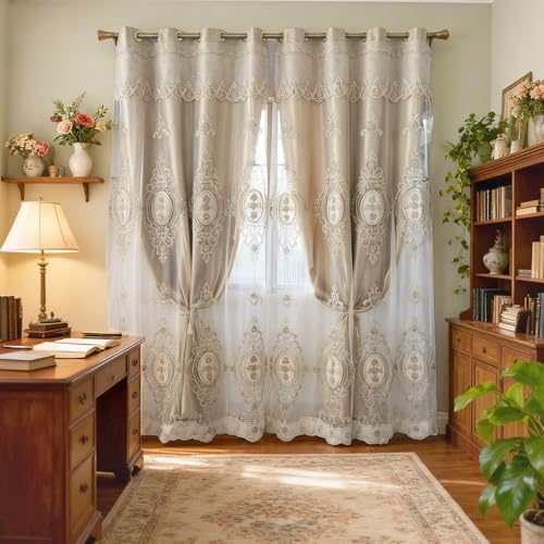 Amidoudou 1 Pair European Double Layer Curtains with Valances for Living Room Bedroom Luxury 3D Flower Embroidered Curtains (Gold,52x90 Inch) by Amidoudou - Used condition - US$64.80