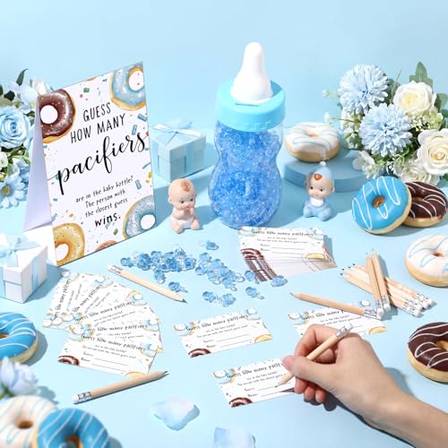 Image of Roowest 512 Pcs Baby Shower Games Guess How Many Pacifiers Sign 100 Small Guessing Games 10 HB Pencils 750ml Milk Bottle 400 Acrylic Pacifiers Decoration for Guest Gender Reveal (Blue,Donut)