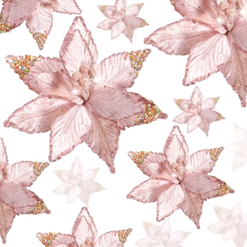 Norme 18 Pcs 3 Size Velvet Christmas Poinsettia Flowers Glitter Artificial Poinsettia Flowers with Stems Christmas Tree Ornaments for Xmas Tree Wreath Wedding New Year Holiday Decor(Pink)