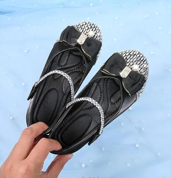 Girls Elegant Dress Shoes with Rhinestone Bow and Pearl Embellishment | Stylish Party Flats for Special Occasions, Weddings, Birthdays | Ivory, Black, Pink - Sizes 8-2 US Kids2