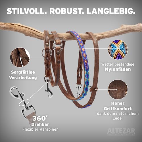 ALTEZAR Handgemachte Hundeleine Leder – Handgefertigt für kleine Hunde Robuste Fettlederleine mit bunten Stickereien Verstellbare Lederleine für Hund – dünne Leder-Leine Blau für kleine Hunde