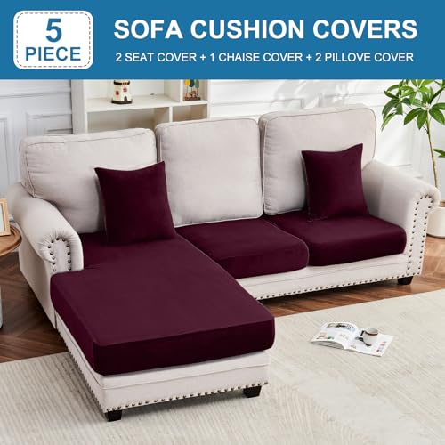 Image of Couch Cover 3-Piece Elastic Velvet Couch Cushion Covers & Chaise Slipcovers for L-Shaped Sofas, Sofa Seat Covers Washable, Soft Cover for Couches (2 Seater + Chaise, Wine)