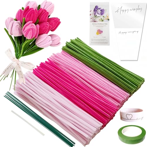 YYUENG TAK 200 pcs Pink Pipe Cleaner Flowers Craft kit for DIY Tulip Bouquet with tutoria,4 Colors(3 Pinks and Olive Green),Chenille Stem Flowers Craft with 12 pcs Green Floral Wires,Gardening Tape