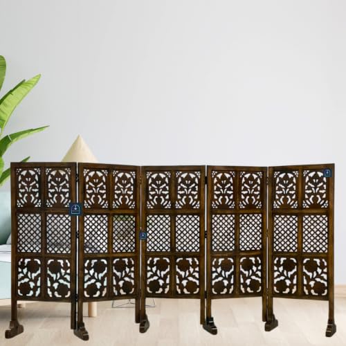 Image of Wooden Room Partition Screen with Burnt Wood Finish | Hand Buffed Traditional Handicraft Room Divider | Indoor Room Separator | Puja Room Divider (5 Panel 4 Feet with Stands)