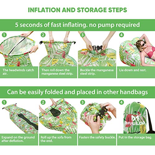 Myuilor Lounger Chair Air Sofa Couch Inflatable Hammock Ergonomic Beach Bed Waterproof Anti-Air Leaking for Camping Hiking Travel Beach Picnic Lakeside, No Pump Required (Green)