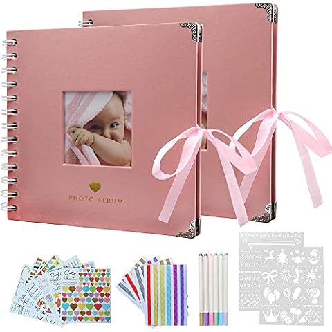 HXRTANGS Scrapbook Baby Album 6.9 Inch with DIY Accessory Kit, Handmade Scrapbooking Photo Album for Baby Shower Wedding Guest Book Children Gift, Pack of 2, 40 Pages, Pink Cover