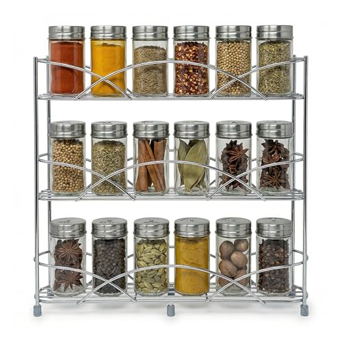 joeji's Kitchen Free Standing Spice Rack Organiser - Perfect Spices & Herbs Storage Holder - Up to 21 Jars Capacity - Suction Cups for Stability - Silver