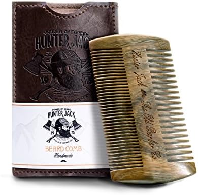 Sandalwood Beard Comb for Men - Handmade Beard & Mustache Comb - Premium Wooden Comb - Men's Comb with Fine & Wide Tooth - Small Pocket Size Wood Comb in PU Leather Case by Hunter Jack