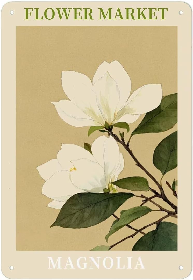 Flower Market Magnolia Vintage Tin Signs Wall Art Decor Plaque for Cafe Farm Fishing Garage Garden Yard 8 x 12 Inch
