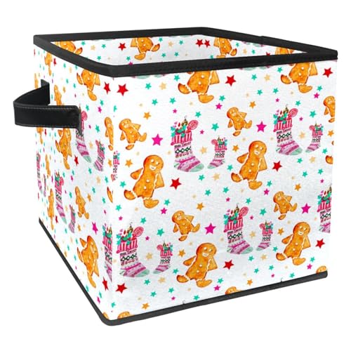VAPOKF Scatola portaoggetti pieghevole, in tessuto, a forma di cubo, organizer con manici, per giocattoli, vestiti, libri, armadio, camera da letto, casa, motivo pan di zenzero natalizio