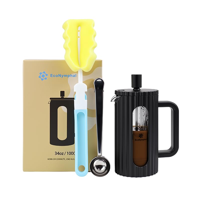 EcoNymphal French Press 1 litro (1000 ml) – Cafetera de vidrio resistente al calor con filtro de acero inoxidable – Ideal para cerveza fría y café – libre de BPA y apto para lavavajillas – Incluye