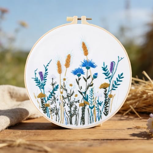 Image of Crafmanoe Flower Embroidery Kits for Beginners Adults, Hand DIY Embroidery Starter Kits, Floral Stamped Cross Stitch Kits for Beginners Adults Craft Kits for Women, Embroidery Hoops, Fabric and Thread