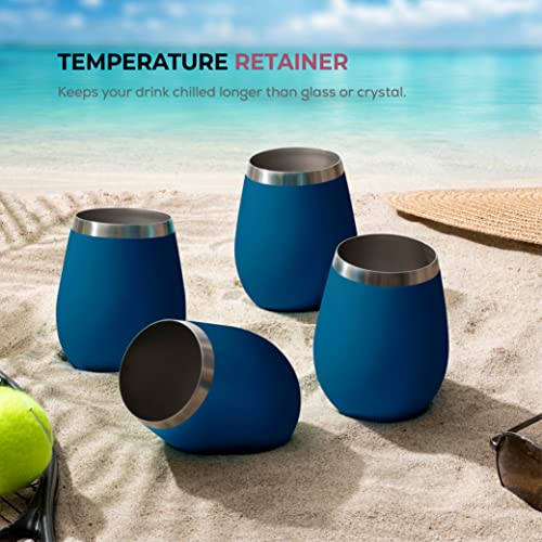 FineDine 18 Oz Unbreakable Stainless Steel Wine Glass Set - 4 Stemless Glasses (Majestic Sapphire)