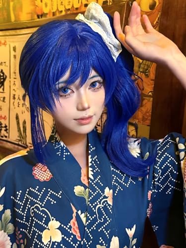 Image of Half and Half Dark Blue Curly Anime Ponytail Wig with Bangs for Women 14.5'' Deep Blue Aoi-Kiriya Cosplay Wigs Sapphire blue Hair Wig for Costumes Party Halloween