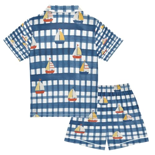 Satin Pajama Sets Short Sleeve Nautical Boats on Blue Grid Button Down Silky Nightwear 2 Piece PJS 5-14Y2