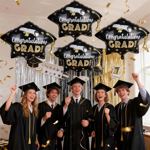 Image of Graduation Cap Balloons, Graduation Decorations 2026, 4 Pcs Black Gold 2026 Congrats Grad Hat Balloon Foil Mylar Balloon for High School College Class of 2026 Congratulations Graduate Party Decoration