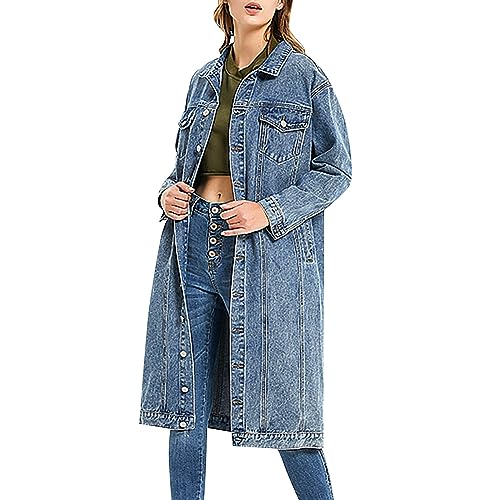 IQYU Veste en jean longue surdimensionnée pour femme - Trench coat - Veste de transition élégante - Veste coupe-vent pour femme - Veste d'extérieur - Veste...