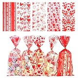 100pcs Valentine Candy Bags, Valentine Treat Bags Gift Bags Heart Design with 100Pcs Twist Ties for Snacks Cookies Packing,Goodie Bags Party Supplies