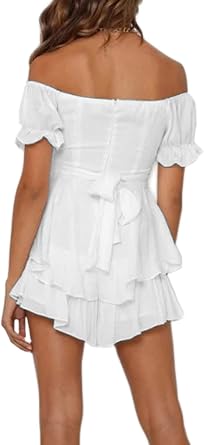 Boho off Shoulder Rompers for Women Dressy Lantern Long Sleeve Ruffle layer Back Tie Mini Shorts Jumpsuit, White-short Sleave, Small