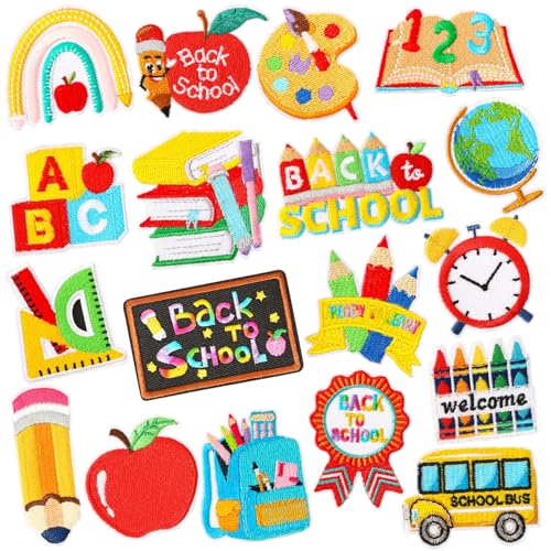 18pcs Self Adhesive Back to School Patches Pencil School Bus Embroidered Sew Applique Repair Patch Teacher Students DIY Crafts for Clothing Jacket Jeans Pants Dress Backpack Hat Decorations