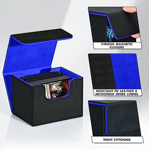 Image of ZLCA Card Deck Box for MTG, Commander Deck Case Holds 120+ Single Sleeved Cards, Leather Magnetic Storage Box Fits for CCG TCG Sport Card (Black& Blue)