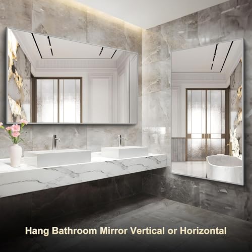 Image of COFENY 36x60inch Brushed Nickel Bathroom Mirror, Silver Rectangle Mirror with Frame, Large Rectangular Wall Mirrors for Bathroom, Living Roomm, Hair Salon, Big Mirror Hang Horizontal /Vertical
