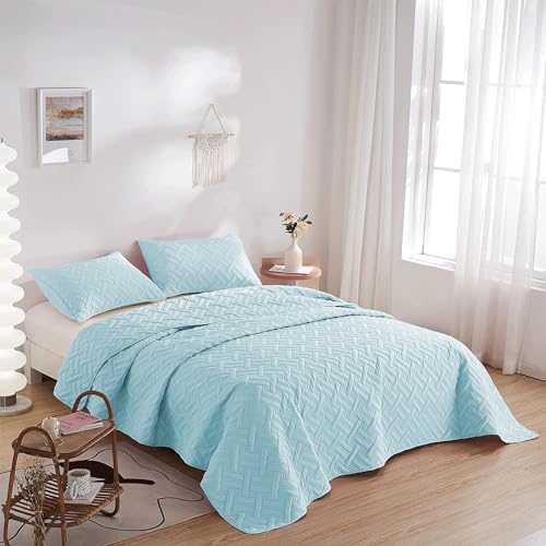 Image of SANMARINO Luxury Cotton Ultrasonic Quilted King Size Bedcover with 2 Pillow Covers | Ultra-Soft, Cozy Solid All-Season Quilt Coverlet | Premium Bedding Set for Bedroom Decor - 228x254 cm,Aqua Mist