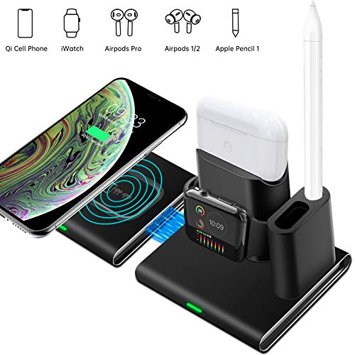 4 In 1 Wireless Charger, Updated 2020 Version Qi Magnetic Portable Fast Charging Pad Compatible for Apple Watch & AirPods & Pencil Charging iPhone 11/11Pro/Max,Samsung Galaxy S20/S10 Qi Device,etc