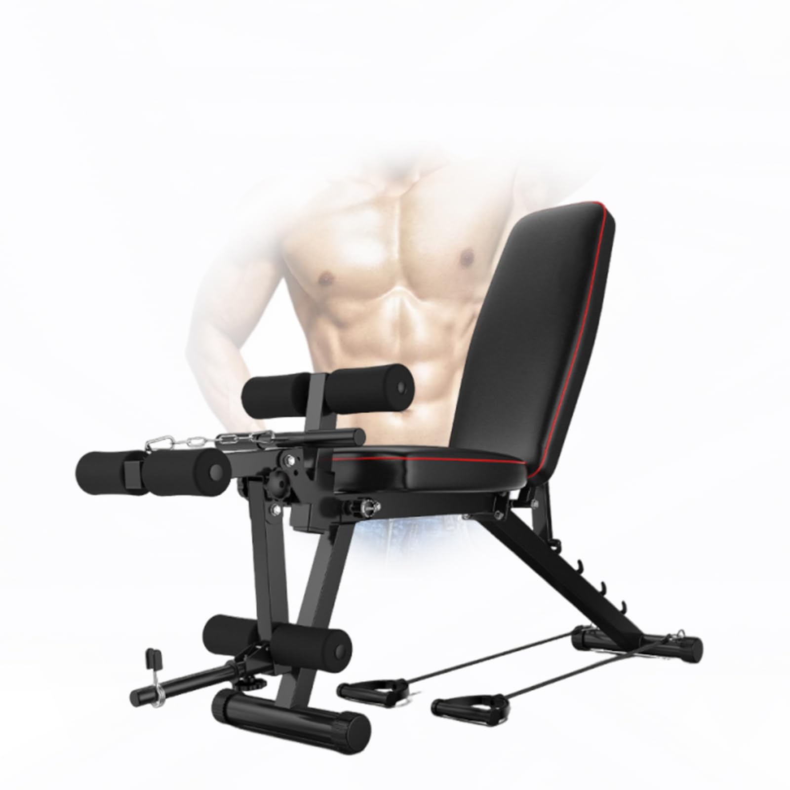 Panca Addominali Casa Panca Palestra Pieghevol con Fasce di Resistenza e Rullo per Gambe - Imbottitura Resistente, Attrezzatura per Allenamento della Forza in Palestra Domestica