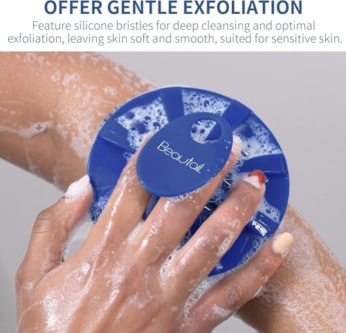 Image of Silicone Body Scrubber 2 Pack, Shower Bath Scrubber, More Hygienic Than Traditional Loofah, Lather Nicely, Gentle Exfoliating Brush for Women Men Baby Sensitive Skin, Blue+Rose