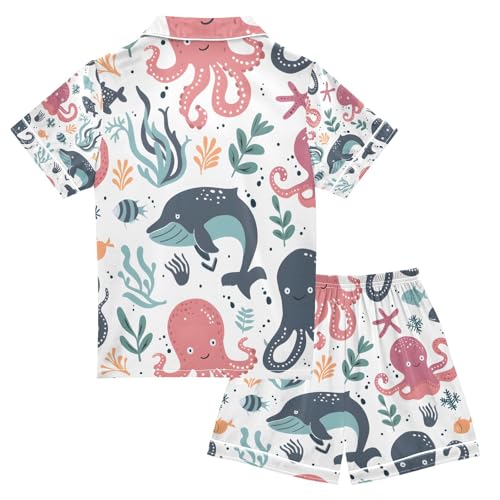 senya Sea Octopus Whale Satin Summer Pajama Sets Silk Short Sleeve Button Down Sleepwear2