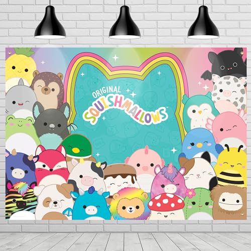 Treasures Gifted Officially Licensed Squishmallows Party Supplies - 4.3ft Tall x 6ft Wide Backdrop - Squishmallows Birthday Decorations - Silky Fabric Birthday Banner Backdrop